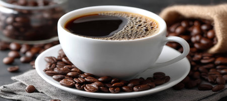 Steaming Cup of Freshly Brewed Coffee Surrounded by Roasted Beans on a Rustic Backgroundの素材