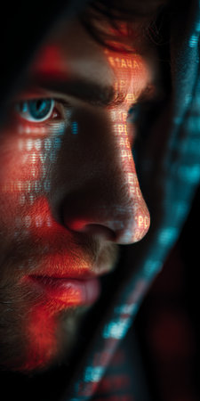 Cybersecurity, Portrait of a Young Man Merging with Digital Code in a Double Exposureの素材