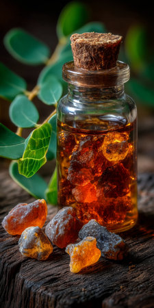 Frankincense Essential Oil in a Glass Bottle with Resin on Wood Table Aromatherapy and Relaxationの素材