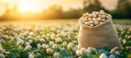 Full Burlap Sack Of Freshly Harvested Peanuts In A Field. Sunlight, Harvest Time, Organic Food.の素材