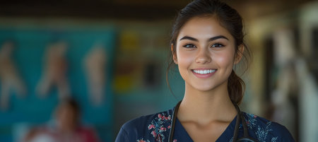 Confident and Smiling Healthcare Professional with Stethoscope, Blurred Hospital Backgroundの素材