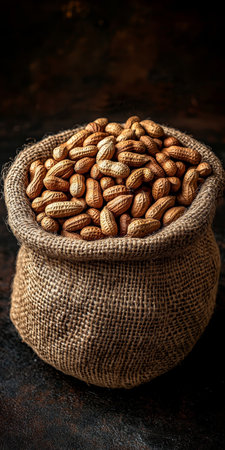 Burlap Bag Full of Organic Unroasted Peanuts, Nuts Detail Whole Food Ingredient on Dark Backgroundの素材