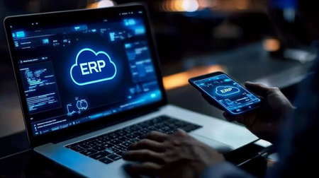 Businessman Accessing Cloud-Based ERP System on Mobile Device with Glowing Icon on Laptopの素材