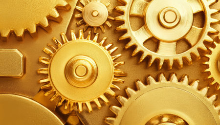 Golden Gears Intricate Close-Up of Interlocking Metal Components in a Complex Mechanical System.の素材
