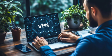 Man Using Laptop with VPN for Privacy and Security, Anonymous Encryption Connection Technologyの素材