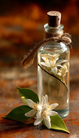 Neroli Essential Oil in Glass Bottle, Orange Blossoms, and Green Leaves on Rustic Wood Tableの素材