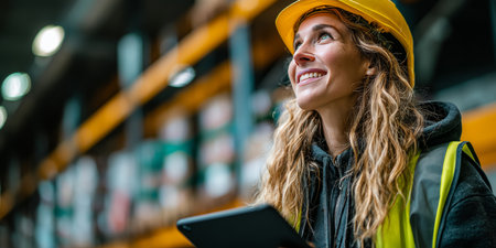 Smiling Warehouse Worker With Digital Tablet Manages Inventory, Logistics, and Distributionの素材