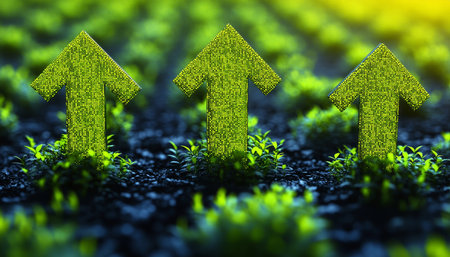 Green Digital Arrows Symbolizing Growth, Positive Financial Trends and Investment In Virtual Economyの素材