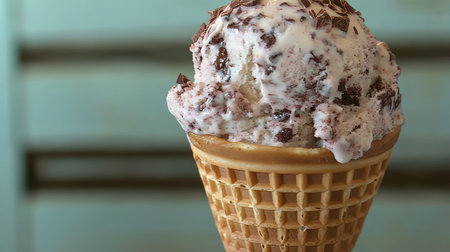 Refreshing Mint Chocolate Chip Ice Cream Scoop in a Waffle Cone on a Green Backgroundの素材