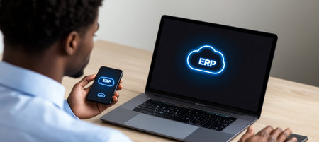 Businessman Accessing Cloud ERP System, Mobile Device Integration, Glowing Cloud Icon on Laptopの素材