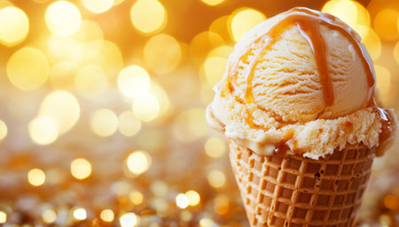 Delicious Caramel Swirl Ice Cream in Waffle Cone on Golden Bokeh Background, Close Upの素材