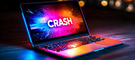 Modern Laptop With Colorful Crash Message On Screen, Technology And Error Concept On Dark Backgroundの素材