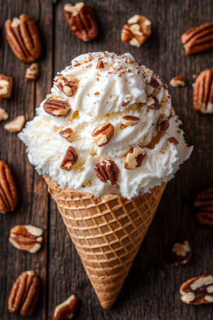 Scoop of Butter Pecan Ice Cream in Waffle Cone on Rustic Wood Background with Scattered Pecansの素材