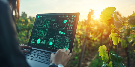 Precision Agriculture Woman Using Laptop for Sustainable Vineyard Management at Sunsetの素材