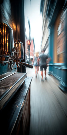 Urban Coffee Culture Espresso Machine in Focus, People Walking By in Motion Blur, City Lifeの素材