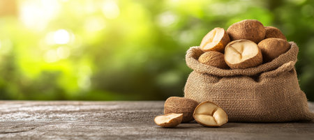 Freshly Harvested Brazil Nuts in Burlap Sack on Rustic Table, Blurred Orchard Backgroundの素材