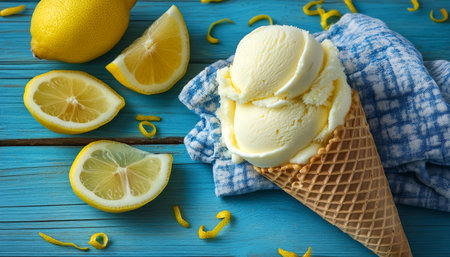 Refreshing Summer Treat Lemon Ice Cream Waffle Cone with Lemon Slices. Sweet and Tangy Delightの素材