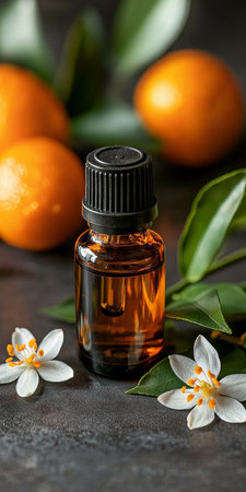 Neroli Essential Oil in a Glass Bottle, Oranges and Blossoms. Aromatherapy and Spa concept.の素材
