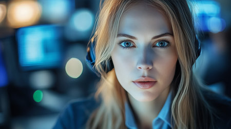 Professional Customer Service Representative in Headset Working Late in Busy Call Centerの素材