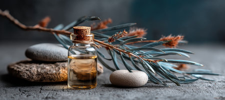 Essential Oil in Clear Glass Bottle, Stones, and Plant Sprig on a Grey Textured Surfaceの素材