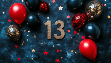 Golden Number 13 Surrounded by Edgy Festive Balloons and Confetti on a Dark Backgroundの素材