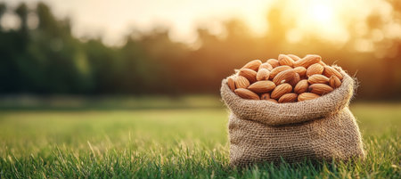 Sack Filled With Freshly Harvested Almonds In A Summer Orchard At Sunset, Providing Ample Copy Spaceの素材
