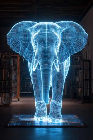 Glowing blue futuristic wireframe elephant sculpture on a transparent podium, digital artの素材