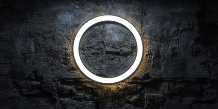 Glowing White Neon Circle on a Dark Textured Stone Wall, Minimalist Abstract Design Elementの素材