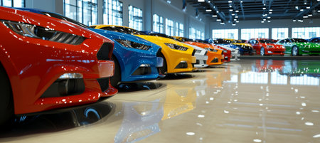 New Cars For Sale. Row Of Brand New Vehicles In Various Colorful Colors In Modern Dealershipの素材