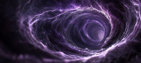 Purple vortex abstract background. Shining light with bokeh. Swirl, waves texture. , ,の素材