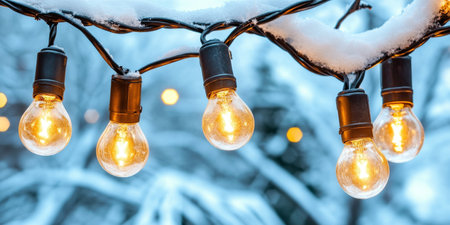 Glowing String Lights On Snowy Branches, Winter Holiday Decoration With Festive Atmosphereの素材