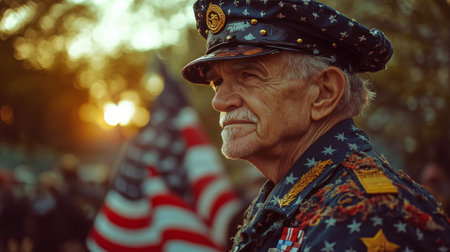 American Veteran Stands Proud, Honoring Veterans Day with Patriotism, Remembrance, and Gratitude.の素材