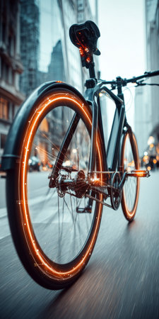 Futuristic Electric Bike with glowing whells in Modern Skyline, urban mobility concept.の素材