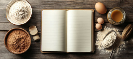 Blank Recipe Book Mockup Background. Baking Ingredients And Utensils On Wooden Table, Overhead Viewの素材