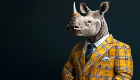 Portrait of a Rhinoceros in a Yellow Suit Against a Dark Background, Anthropomorphic Conceptの素材