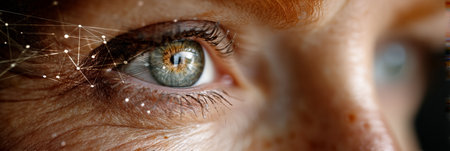 Close Up Of Woman s Green Eye With Futuristic Network Technology, Intersection Of Ethics And AIの素材