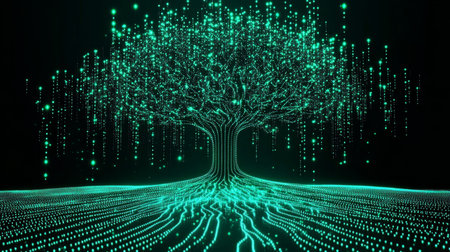 Green Digital Tree of Life, Neural Network Roots, on Black Background AI, Big Data Conceptの素材