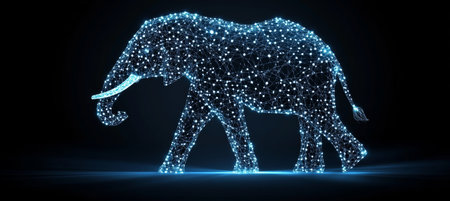 Glowing Holographic Elephant on Black Background, Symbolizing Modern Technology and Innovationの素材