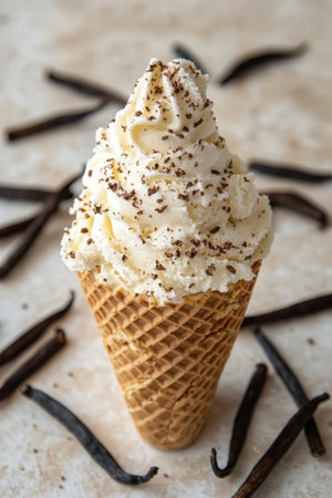 Vanilla ice cream in a waffle cone on beige background, close-up, vanilla beans scattered around.の素材