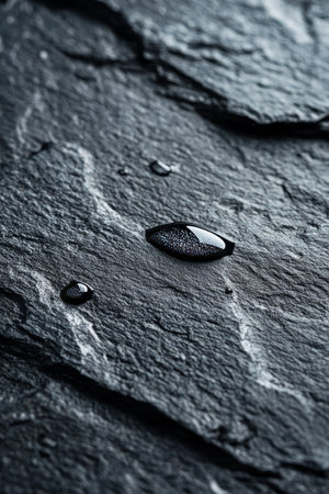 Water Droplets on Dark Slate Stone Texture. Hydrophobic Surface Demonstrated. Rain Drops, Detail.の素材