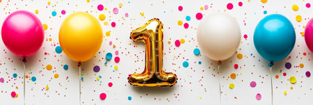 Golden Number One Balloon With Colorful Balloons And Confetti For First Birthday Celebrationの素材