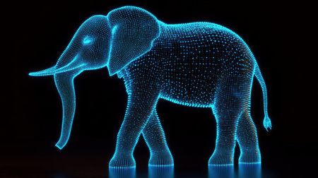 Glowing Holographic Wireframe Elephant on a Black Background, A Symbol of Futuristic Technologyの素材