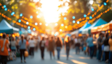 Golden Hour Summer Market Crowds Stroll Through a Lively Outdoor Festival Celebration, 85.の素材