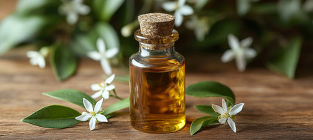 Jasmine Essential Oil. Glass Bottle Surrounded By Jasmine Flower And Leaves on Rustic Table.の素材