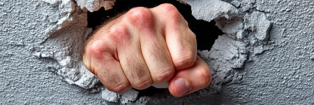 Clenched Fist Punching Through A Gray Wall, Symbolizing Strength, Power, And Determinationの素材