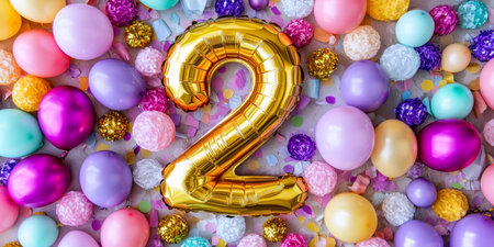Festive Golden Number 2 Balloon for Second Birthday Celebration with Colorful Balloons,の素材