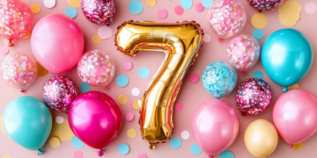 Golden Number 7 Balloon With Colorful Balloons And Confetti, Seventh Birthday Celebrationの素材