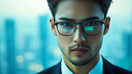 Confident, focused young professional wearing glasses in modern office cityscape settingの素材