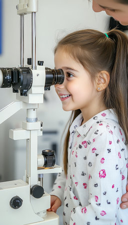 Young Girl Undergoes Eye Examination with a Slit Lamp by Eye Doctor in Medical Clinicの素材