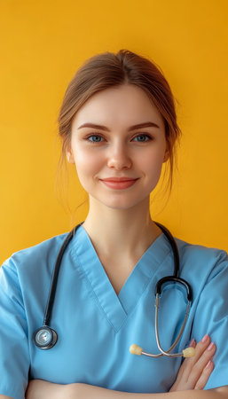 Portrait of Happy Smiling Young Female Doctor With Stethoscope, Isolated on Yellow Backgroundの素材